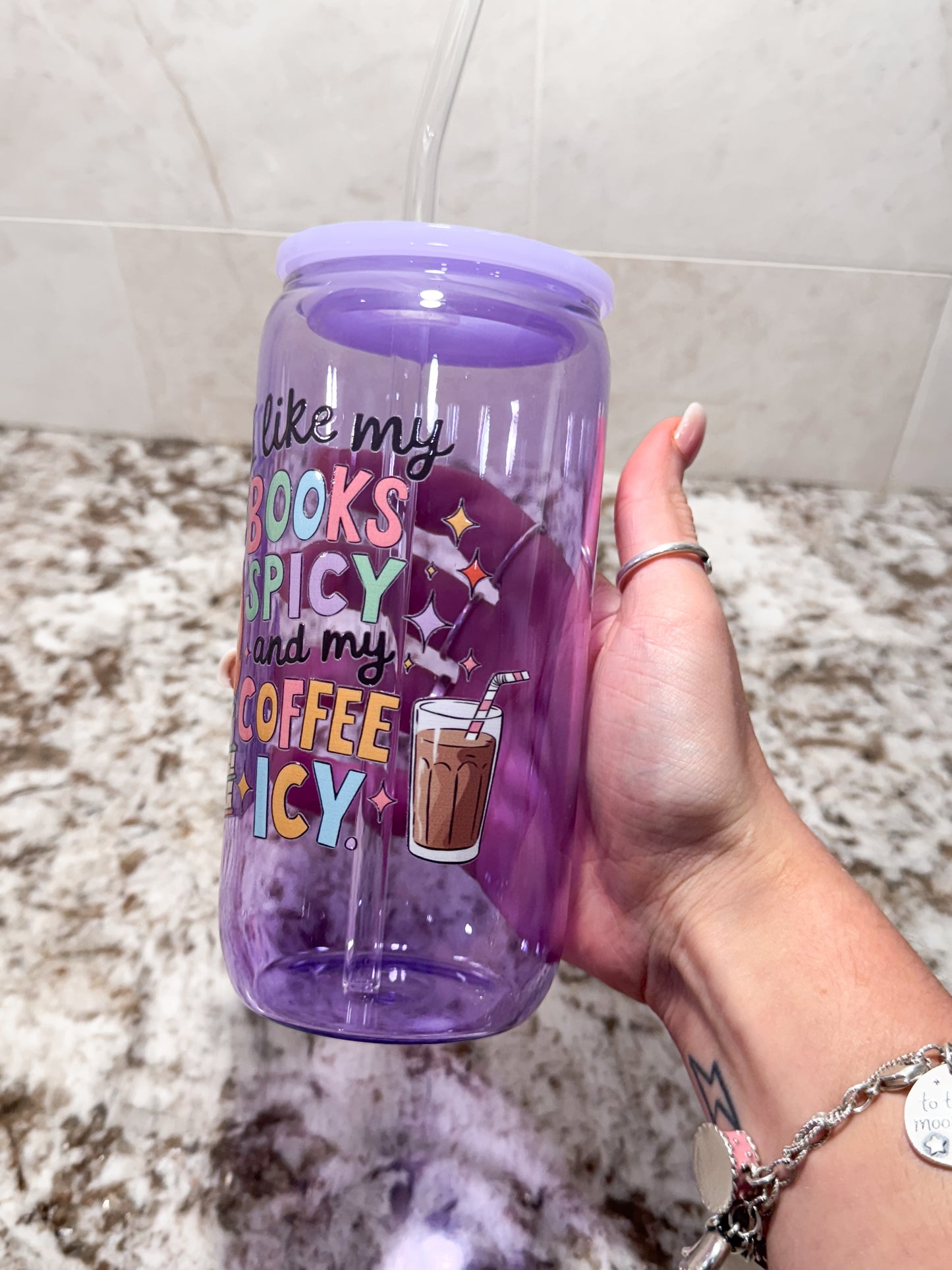 I like my books spicy and my coffee icy glass can clear or purple