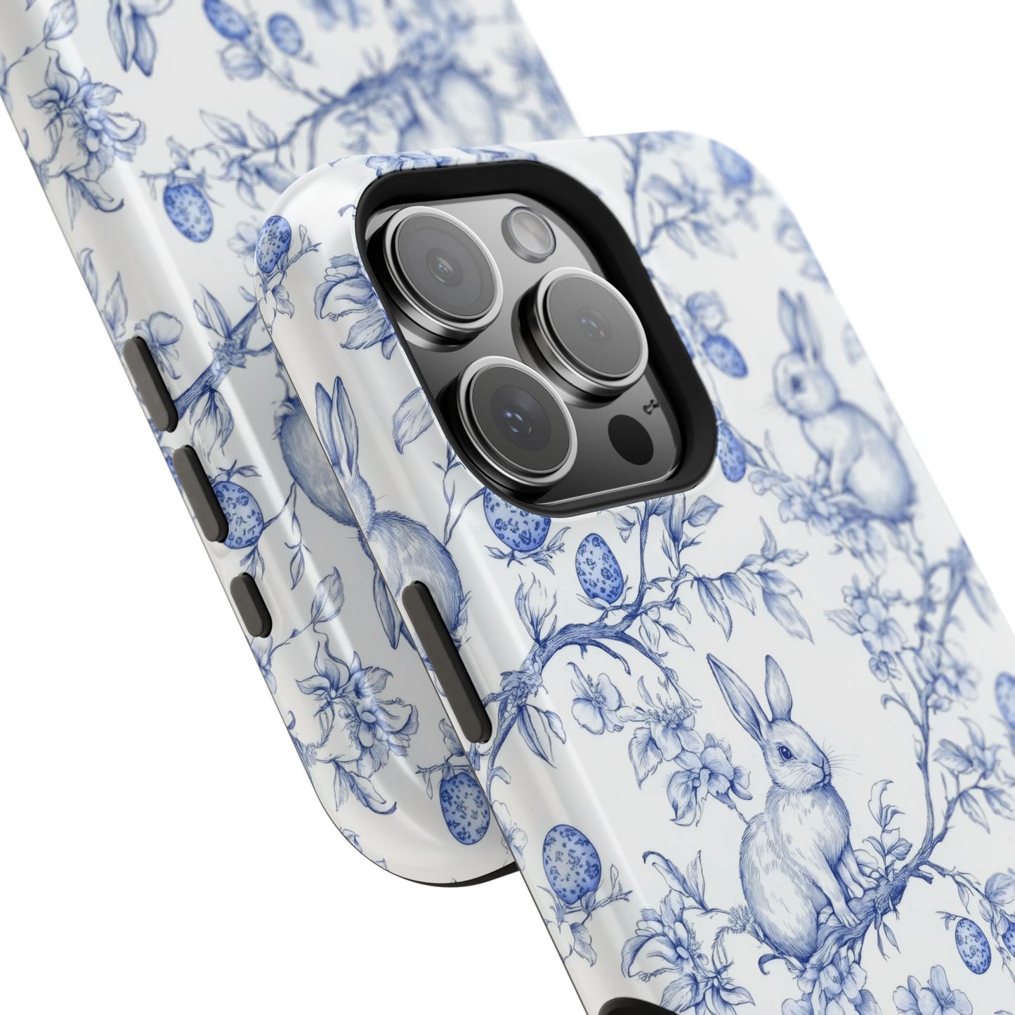Dusty Blue Toile de Jouy Easter Bunnies Magsafe Phone Case