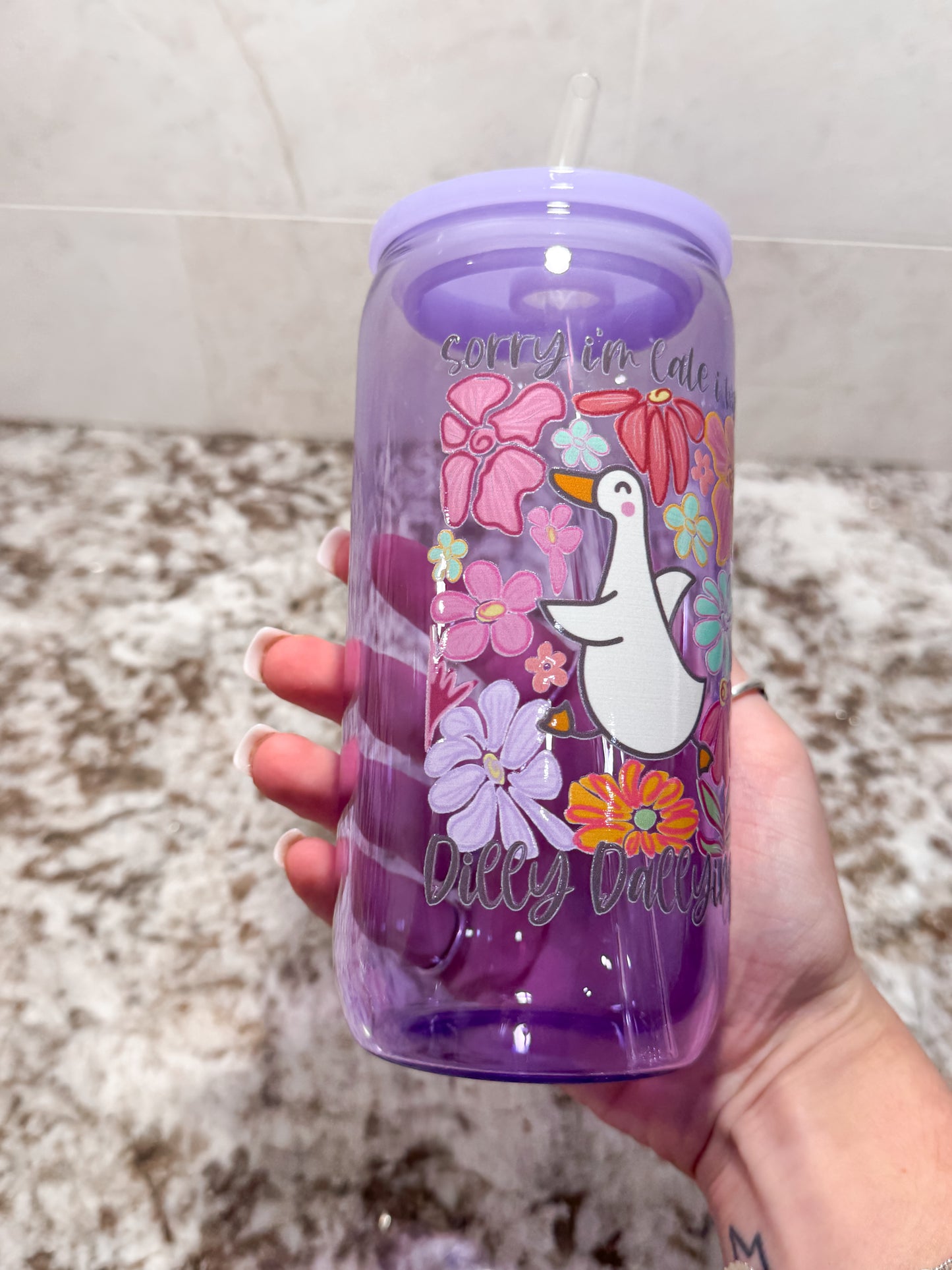 Sorry I was late I was Dilly Dallying Glass Can clear or purple