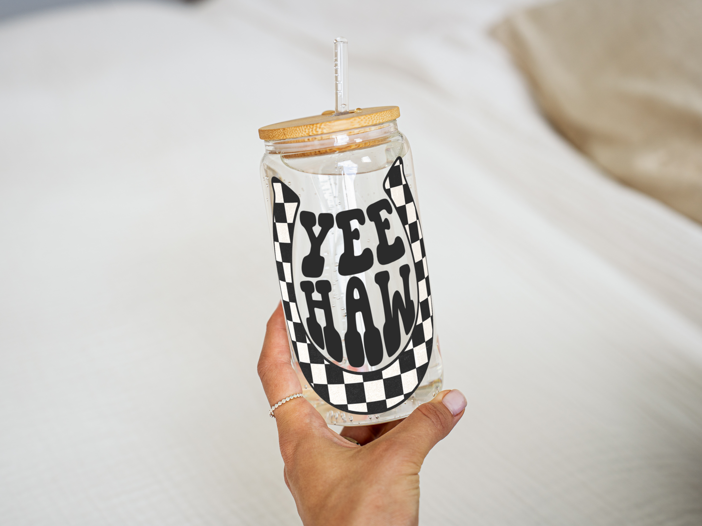 Yeehaw Checkered Western Glass Can