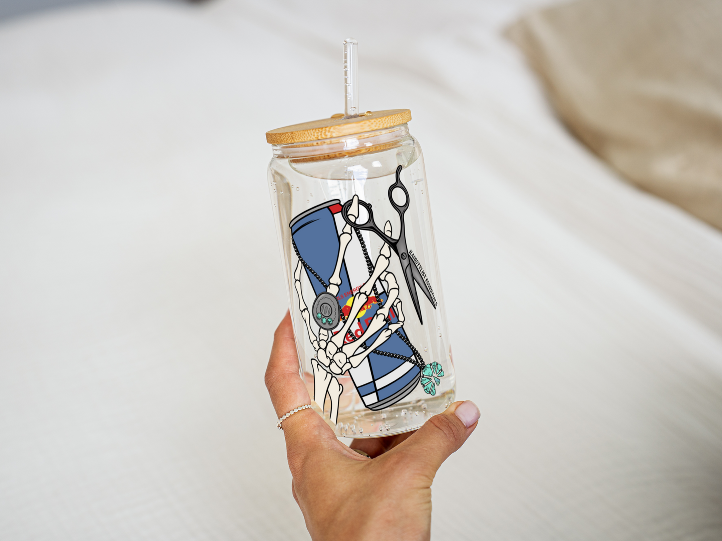 TURQUOISE + REDBULL HAIRSTYLISTS ESSENTIALS GLASS CAN (DESIGN 1)