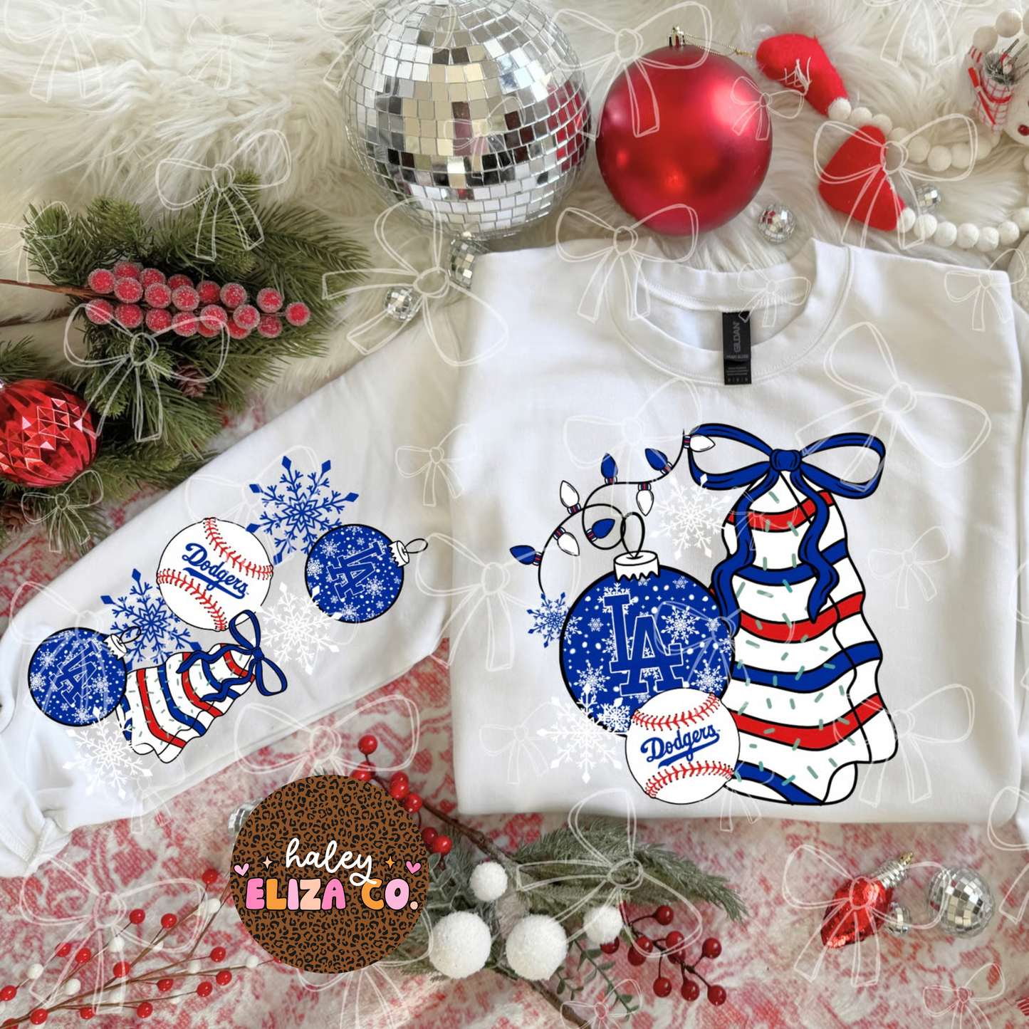 Christmas Trees LA Dodgers Baseball Collage Crew w/sleeves