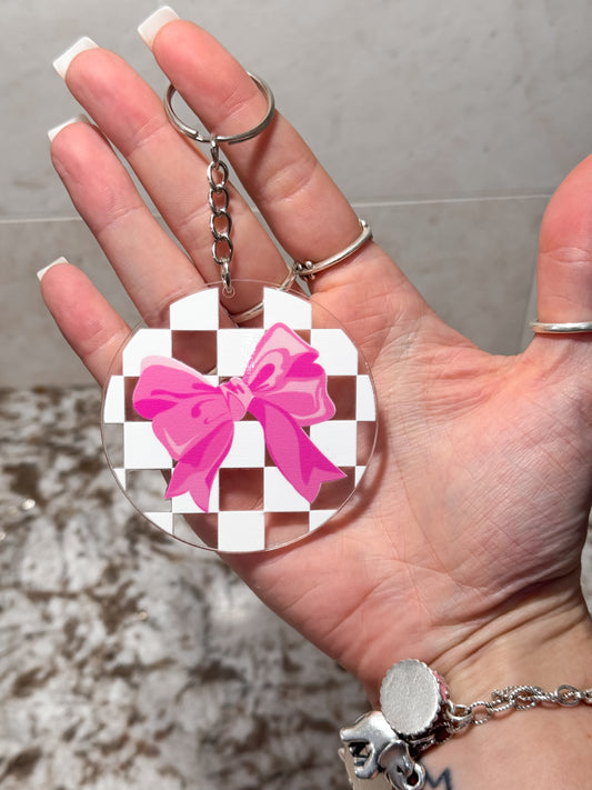 Checkered Bow Round Keychain