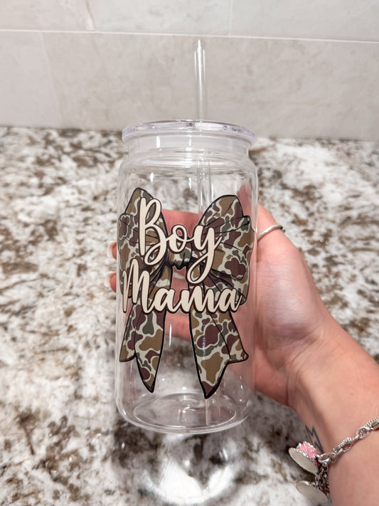 Camo Bow Boy Mama Plastic 19 oz can