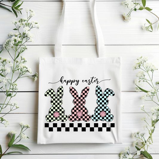 CHECKERED BUNNY HAPPY EASTER TOTE BAG