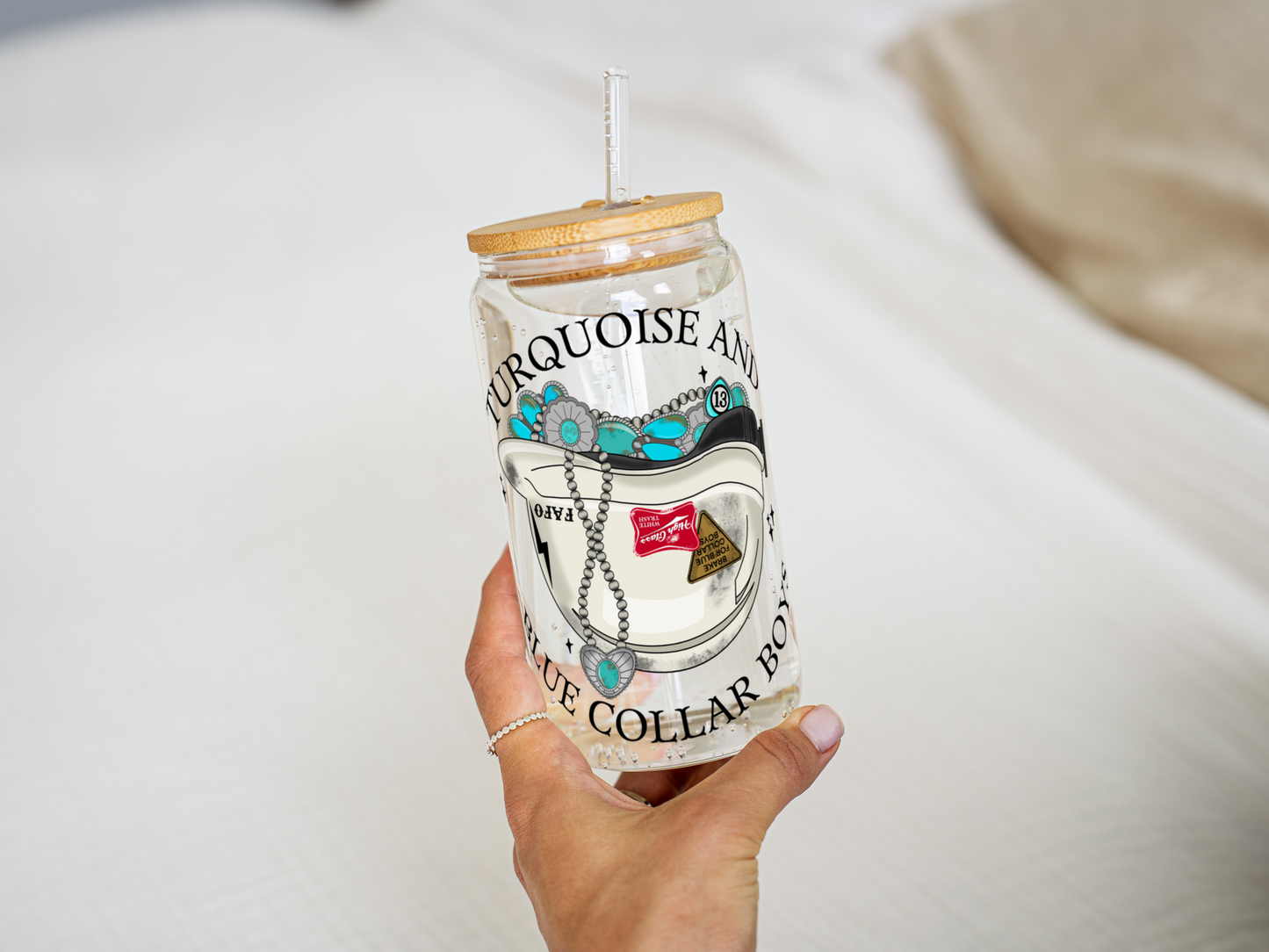 TURQUOISE AND BLUE COLLAR BOYS GLASS CAN