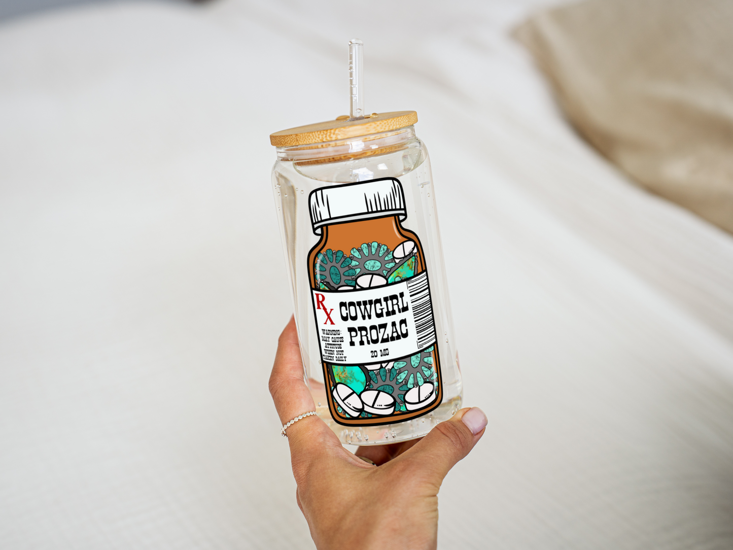 Cowgirl Prozac + Turquoise Western Glass Can